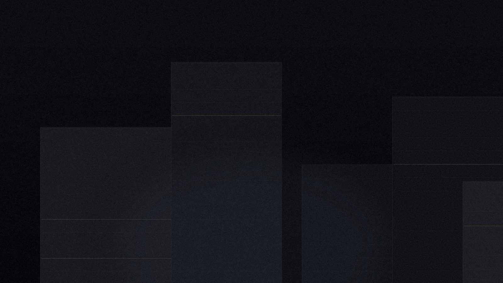 Skyline di monoliti scuri con rade luci in ottone